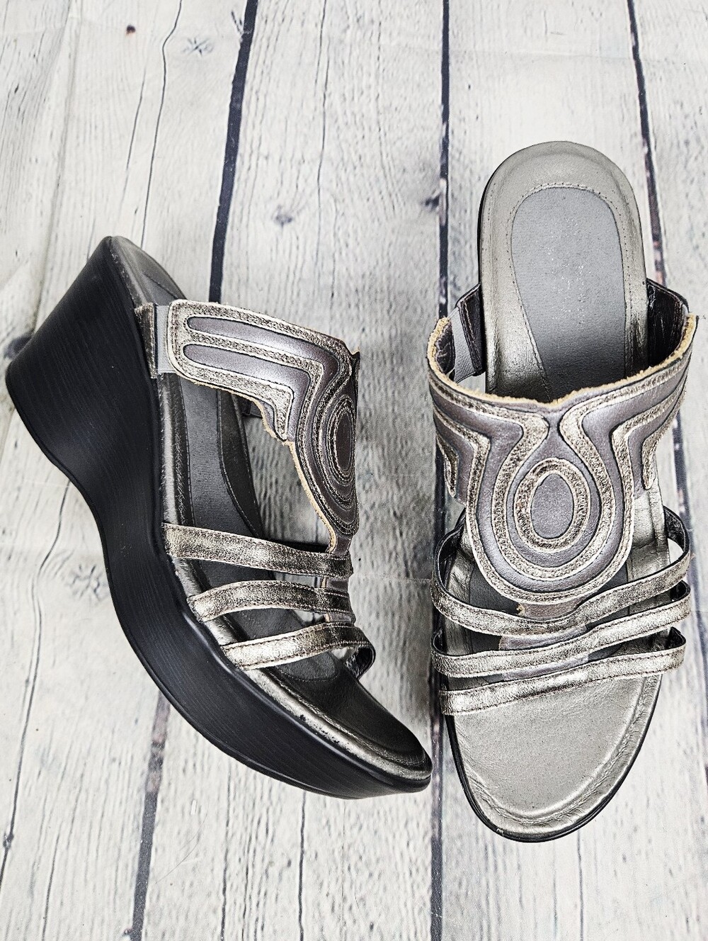 NAOT | metallic leather slip-on open toe strappy wedge sandals